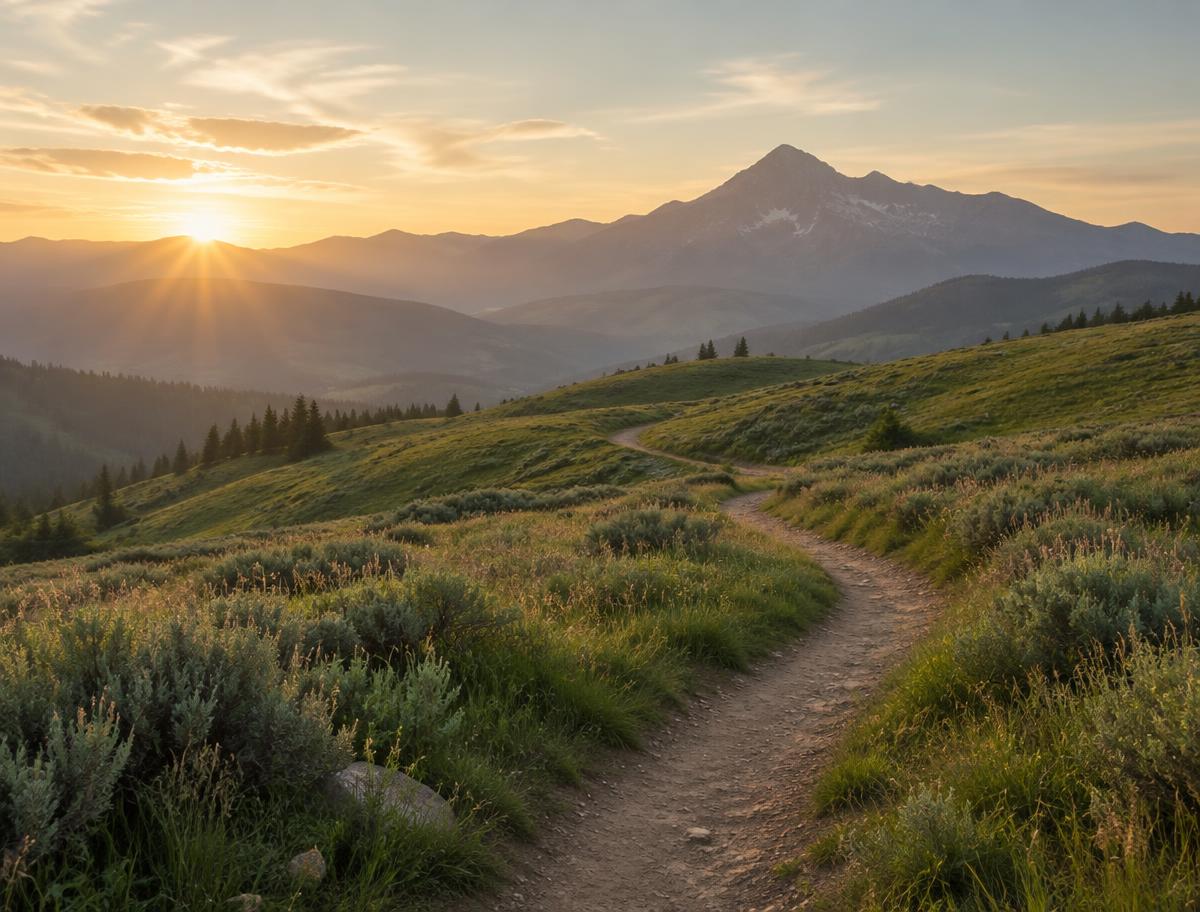 A winding path through green hills toward a mountain
